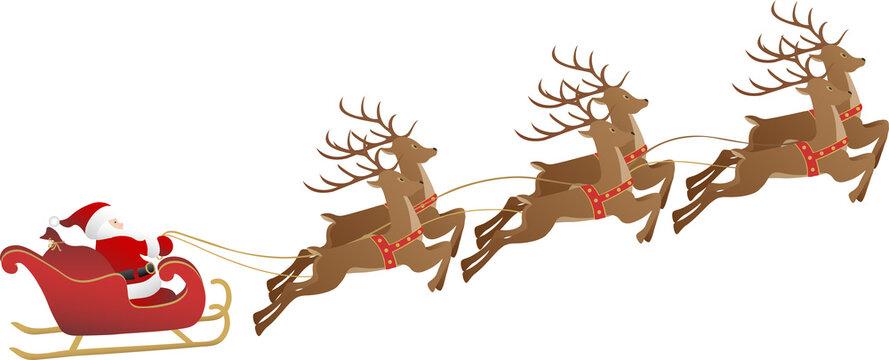 Flying reindeer Santa Claus sleigh 3d effect. Transparent background illustration.