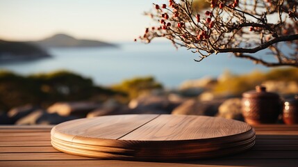 Empty round pedestal wooden on the beach at sunset background