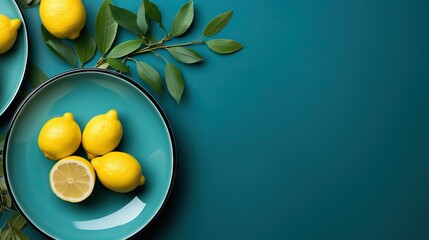 Bright yellow lemons artistically placed on a teal plate with a green backdrop