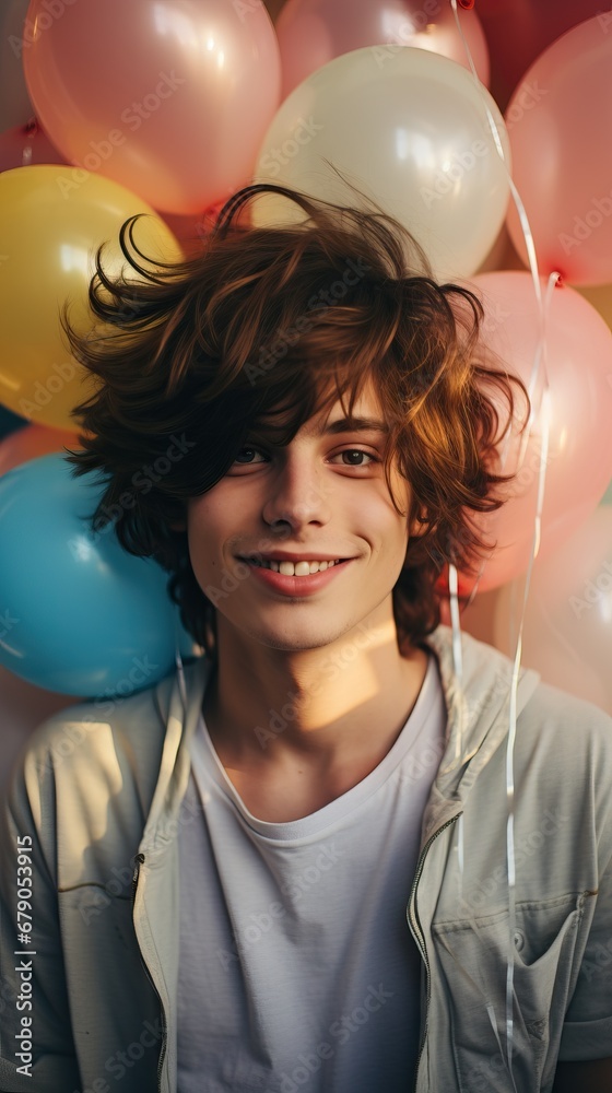 Sticker Cheerful young man with a mix of colorful balloons