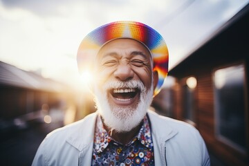 Radiant senior man laughing joyfully, wearing a colorful rainbow hat