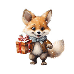 Obraz premium red fox with gift box watercolor illustration, New year decoration