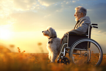 senior old man in wheelchair in bright light overlooking the window with dog - obrazy, fototapety, plakaty