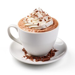 hotchocolate with topping of cream, pure white background -