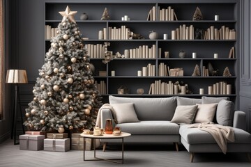 Fototapeta na wymiar Living room decorated for Christmas with trees, gifts, walls, posters, canvas, full screen mockup, paint, frames. by Generative AI