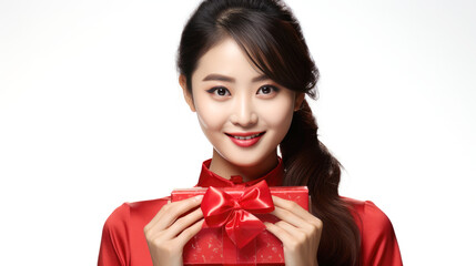 Fototapeta premium Smiling Chinese girls with Chinese new year traditional clothing, lunar spring festival