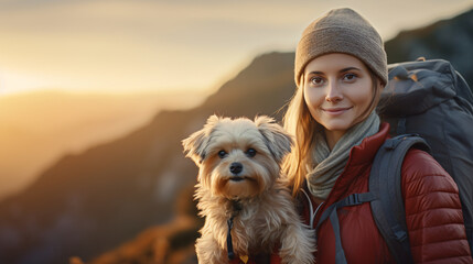 i love mountains, woman with small dog, sunrise