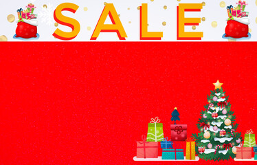Sale, promotions, discounts. New Year, Christmas or festive red background with the inscription SALE. A New Year or Christmas banner for advertising with space for text. Red background with decorated 