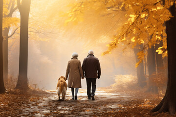 elderly couple with dog walking in the autumn forest - obrazy, fototapety, plakaty