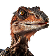 Close up of Allosaurus dinosaur face isolated on a white transparent background