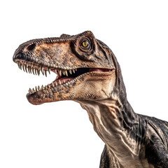 Close up of Allosaurus dinosaur face isolated on a white transparent background