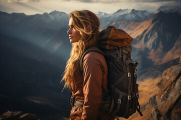 Hiker, trekking in high mountains. Stunning view. Beautiful landscape. - obrazy, fototapety, plakaty