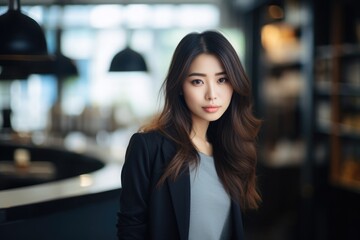 Fototapeta premium Portrait of beautiful asian businesswoman in black suit in cafe