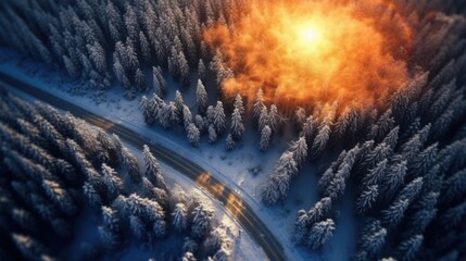 Twilight Aerial View of Snowy Forest Road with Warm Glow