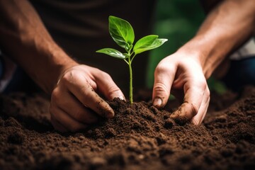Close-up of a man's hands planting a tree in the soil