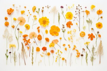 Beautiful assorted pressed orange and yellow flowers isolated on white - obrazy, fototapety, plakaty