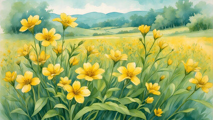 Watercolor illustration of yellow flowers field with green leafs. Beautiful flowers garden. Creative graphics design. 