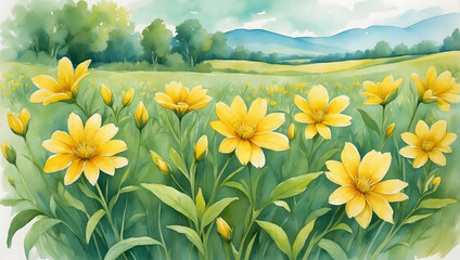 Watercolor illustration of yellow flowers field with green leafs. Beautiful flowers garden. Creative graphics design. 
