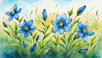 Fototapeta na wymiar Watercolor illustration of blue flowers field with green leafs. Beautiful flowers garden. Creative graphics design.