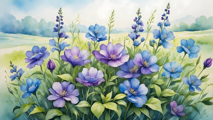 Fototapeta na wymiar Watercolor illustration of purple and blue flowers field with green leafs. Beautiful flowers garden. Creative graphics design. 