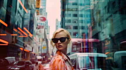 street photography of upscale woman, double exposure color, american city, new york futuristic vintage. generative AI
