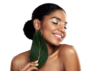 Happy woman, skincare and green leaf for natural beauty isolated on a transparent PNG background. Face of female person or model smile with plant leaves for facial treatment, cosmetics or dermatology