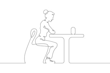 Fototapeta na wymiar Woman is sitting at a table. Girl talks to a smart speaker. Home automation. The user listens to a smart speaker. One continuous line drawing. Linear. Hand drawn, white background. One line.