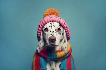 Anthropomorphic humanized setter dog wearing a bright funny knitted cap and scarf on a blue...