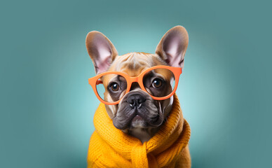 Funny anthropomorphic humanized French bulldog wearing glasses and a knitted sweater on a blue...