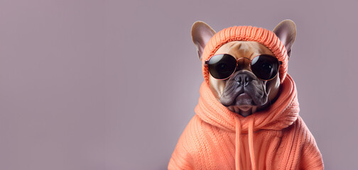 Funny anthropomorphic humanized French bulldog wearing glasses and knitted orange clothes on a pink...