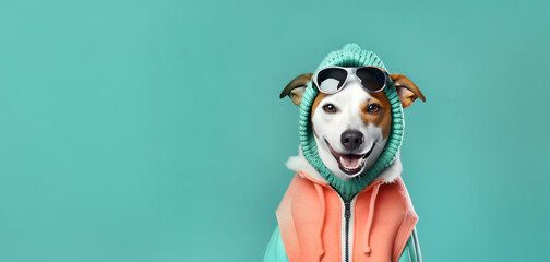Cute anthropomorphic humanized Jack Russell Terrier dog in sportswear, knitted hat and sunglasses...