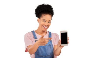 Portrait, happy woman and smile with phone screen for pointing, online and offer with notification. Female model, mobile app or web for info, about us or faq on isolated or transparent png background