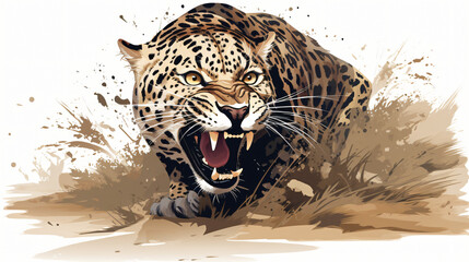 Vector sketch of an attacking spotted leopard - obrazy, fototapety, plakaty