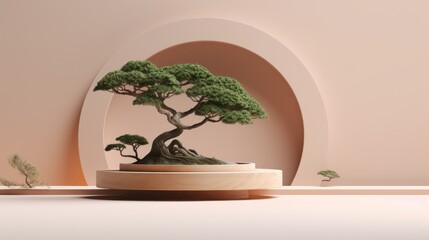 Minimal background of bonsai tree in 3d render style with empty podium for products. Advertising mockup