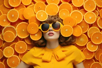 Foto op Plexiglas A woman lies in slices of an orange. Concept of skin health thanks to vitamin C. © Hryhor Denys