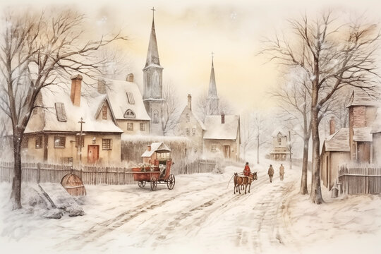 watercolor, vintage scene of winter
