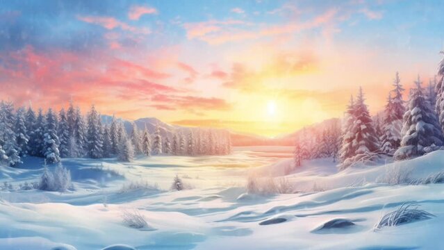 Fantastic landscapes that glow with sunlight. Dramatic winter scenery during sunset and snowfall. Seamless looping video background animation,cartoon style. Generated with AI