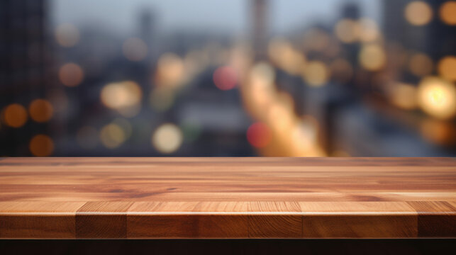Empty beautiful wood table top counter and blur bokeh modern kitchen interior background in clean and bright,Banner