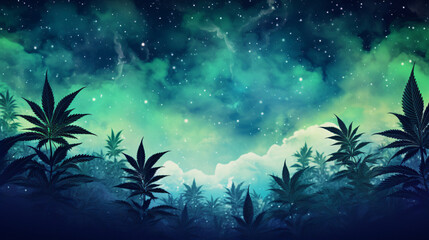 Green cannabis plants on starry sky background