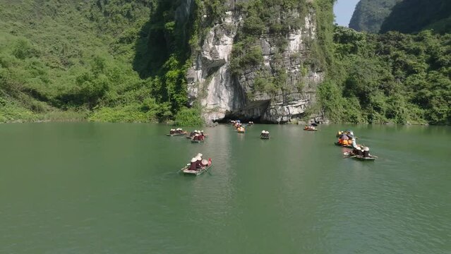 Aerial view of Trang An landscape with temples at Ninh Binh, Vietnam.