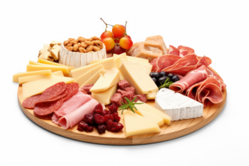 Assorted appetizer, charcuterie, snack and cheese on a wooden board for buffet party. Isolated on transparent background, top view.