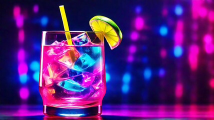 Glass of cocktail in hypnotic neon light. Colorful rave party drink. 