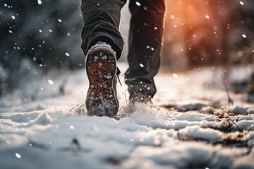 The feet of a man walking in the snow