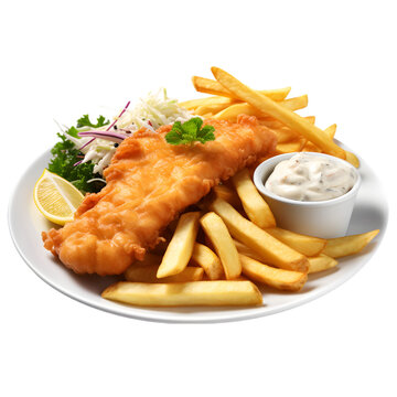 Fish and Chips, Classic fish and chips with a side of tartar sauce isolated on transparent background