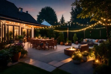 Obraz na płótnie Canvas Summer evening on the patio of beautiful suburban house with lights in the garden garden, digital ai 