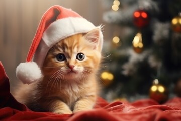 A kitten in a Santa Claus hat on the background of a Christmas tree
