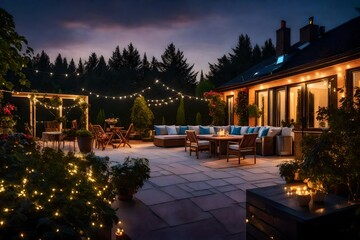 Summer evening on the patio of beautiful suburban house with lights in the garden garden, digital...