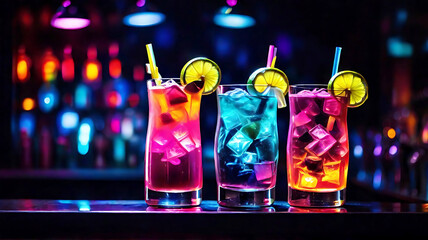 Colorful cocktails in a glass on the bar counter, neon lights on dark night background with lights