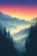 Obraz premium Incredibly village in forest mountains, Coniferous trees in the fog, beautifull lighting