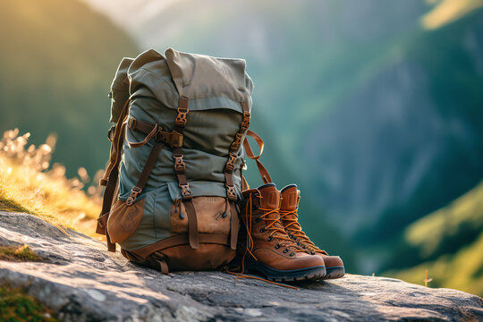 backpack and hiking shoes, hiker symbol, AI generated